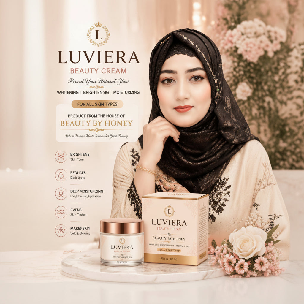 Luviera Beauty Cream advertisement featuring a woman in a black hijab, a gold cosmetic jar, and a brown box on a beige background with ingredient icons and promotional text.